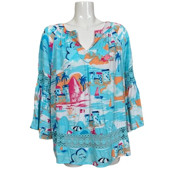 Crown & Ivy Belk Beach Print 3/4 Juliet Sleeves Crochet Inset Rayon Blouse XL - Picture 3 of 11